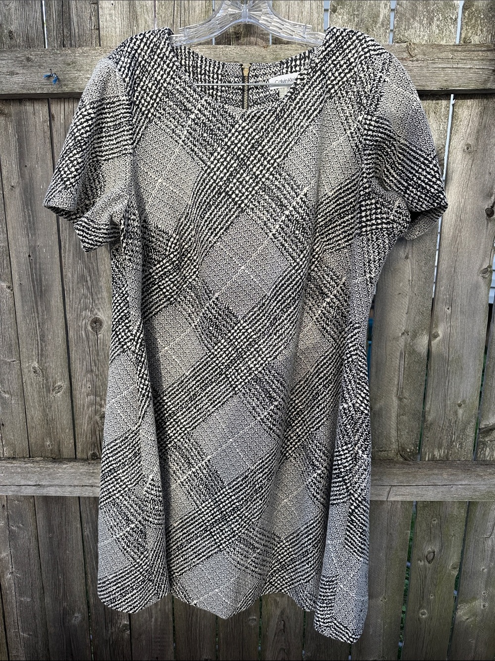 Calvin Klein Black & White Plaid Midi A-Line Dress